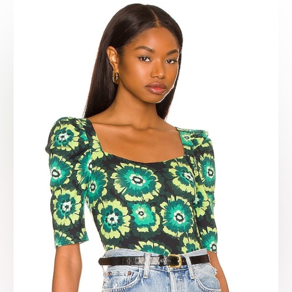 Square Neck Floral Puff Sleeve Top in Green